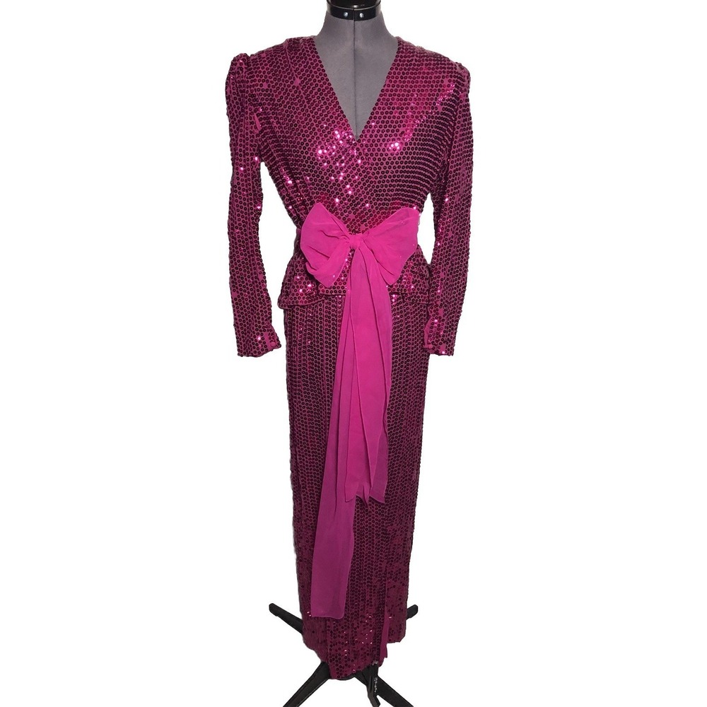 Vtg 70s 80s Luis Estevez Fuchsia Sequin Gown Dress Bow Sash 36-29-39 M PROJECT
